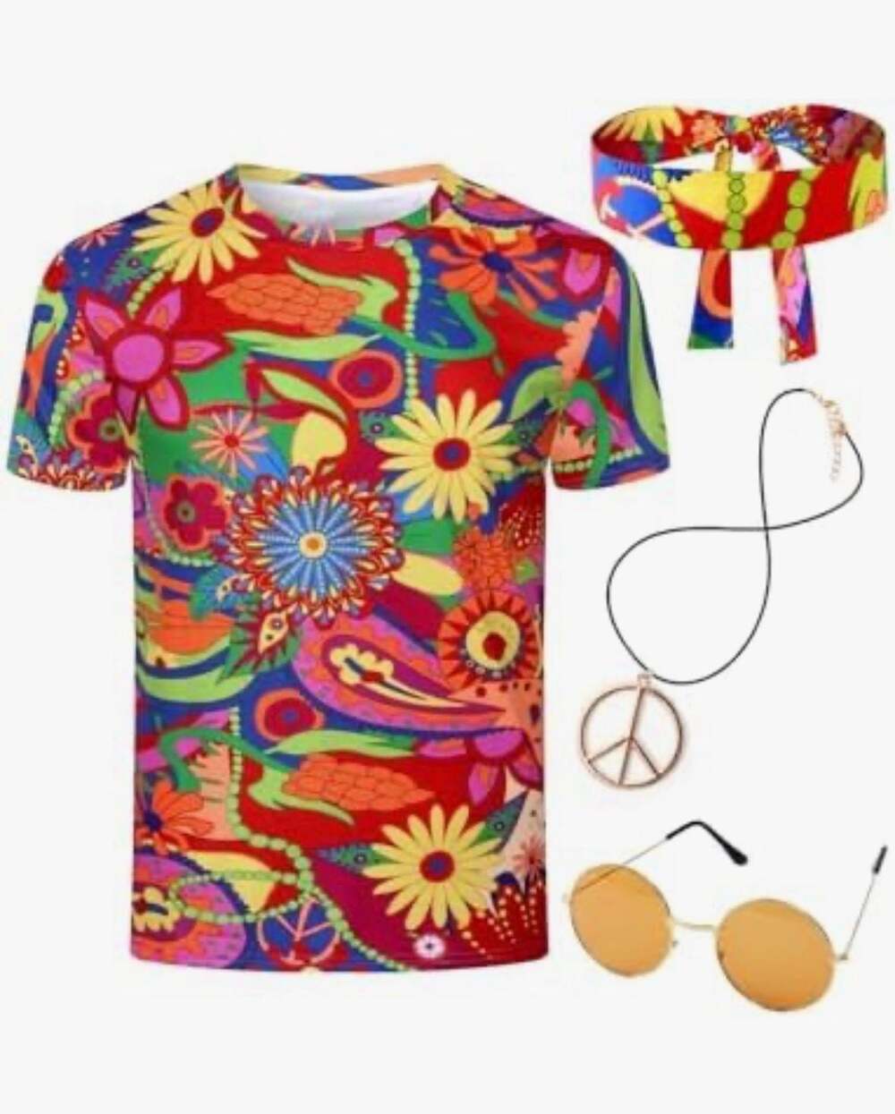 Funny World 4 PCS Hippie Costume for Men 70s Outfits Disco Costume Floral Shirt